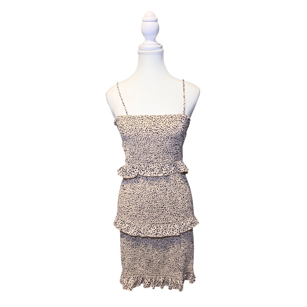 Smocked Bodycon Mini Dress Strapless Beige Black Ruffle Y2K Size L
